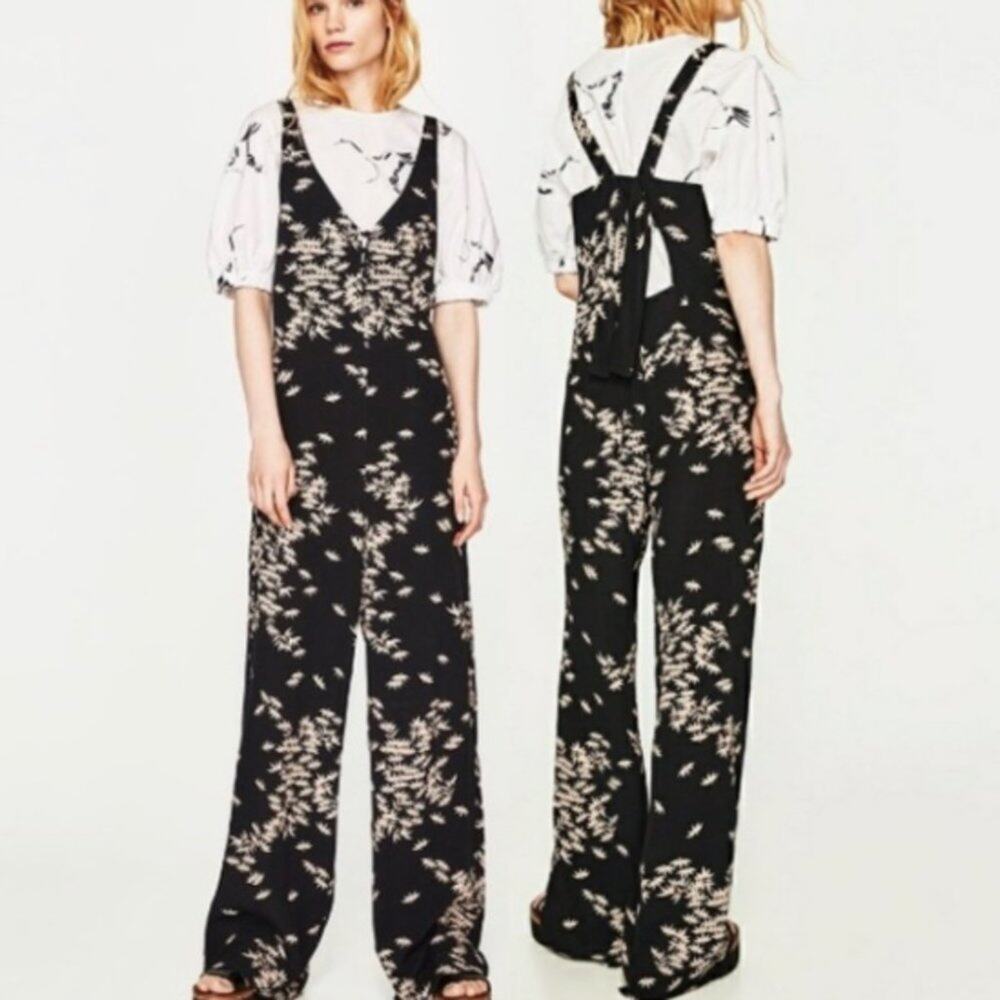 Zara Black Leaf Print Sleeveless Wide Leg Jumpsuit